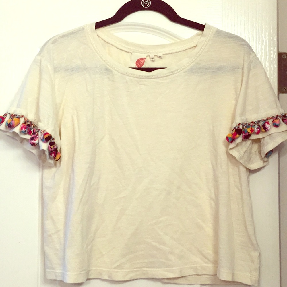 White shirt with Pom-Pom sleeves